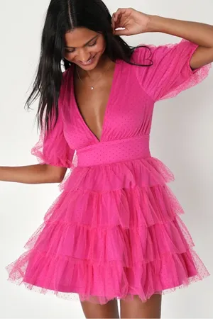 Lulus Dramatic Poise Magenta Pink Dot Tulle Puff Sleeve Tiered Mini Dress Size L thumbnail 1
