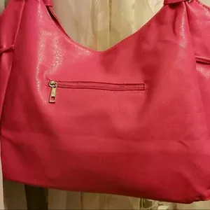 Large Pink Shoulder Bag Purse Rhinestone Accent Ruffle Faux Leather Tote thumbnail 3