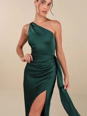 Lulus Signature Elegance Emerald Satin One-Shoulder Maxi Dress Size Large Formal thumbnail 3