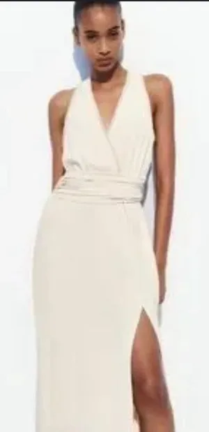 ZARA Ivory Wrap Style MIXED SEMI-SHEER SLIP DRESS size S thumbnail 1
