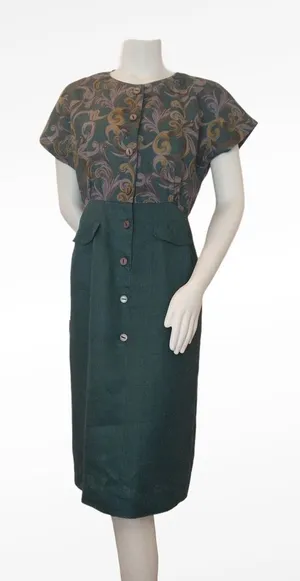 Vintage 80s Dress Linen Dress Green Pencil Skirt Floral‎ Short Sleeves Button-Up thumbnail 1