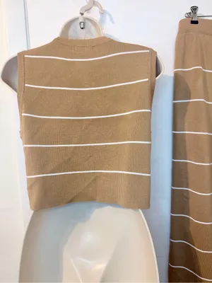 LA DIOSA L Khaki Stripe Knit Vest & Wide Leg Pants Set Gold Buttons NWT thumbnail 9
