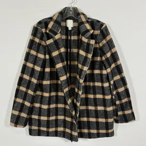 Joie Womens M Black Tan Plaid Wool Blend Open Front Blazer Jacket thumbnail 1