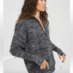 OFFLINE‎ By Aerie Home Stretch Quarter Zip Sweater Black Size Oversized XS thumbnail 2