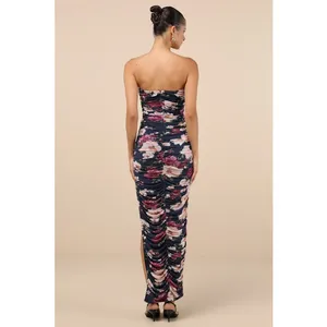 NWT Lulus Averie Navy Floral Mesh Strapless Maxi Dress Ruched Bodycon Cruise L thumbnail 3