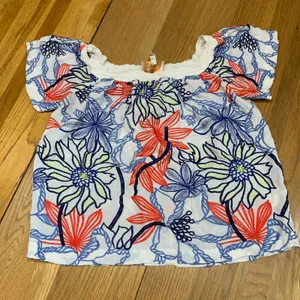 Skies‎ Are Blue Women Medium Floral Embroidered Smocked Blouse White Blue 36870 thumbnail 1