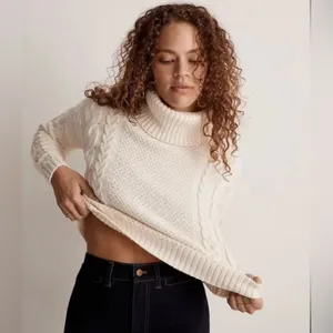 Madewell Cable Turtleneck Drop Shoulders Sweater in Antique Cream‎ Size Medium thumbnail 2
