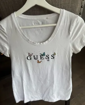 GUESS White Scoop Neck Tee with Multicolor Butterfly Logo thumbnail 1