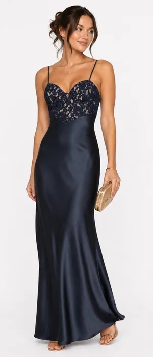 Here Comes the Sun Lace Bodice Satin Maxi Dress Gown in Navy Blue Size S NWT thumbnail 1
