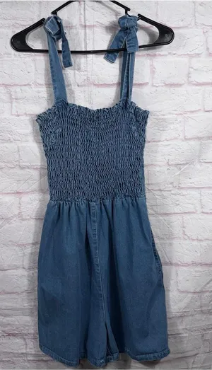 Blue Smocked Large Denim Romper thumbnail 1