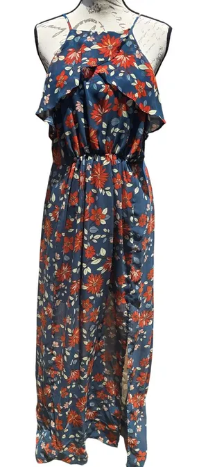 & Harmony Womens‎ Floral Maxi Dress Teal Orange Ruffle High Neck Slit Size Large thumbnail 1