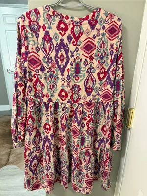 Beach Lunch Lounge Boho Ikat Tiered Mini Dress Pink Purple XS thumbnail 8