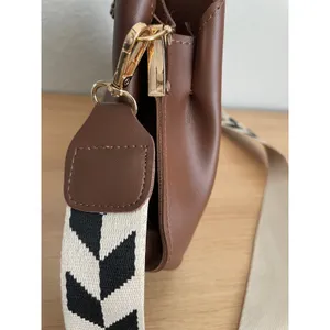 Brown Faux Leather Bag Black Cream Chevron Strap thumbnail 6