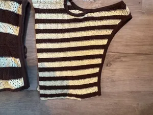 Free People Free-est Joan Fauxchet Crochet Top/Pants Set M Brown Stripe thumbnail 12