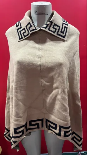 Women's Cream Knit Cape with Black Geometric Trim thumbnail 1