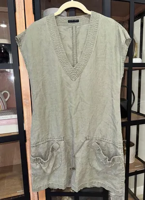 Sisley y2k mini dress vneck olive linen drop hem a-line pockets drawstring thumbnail 1