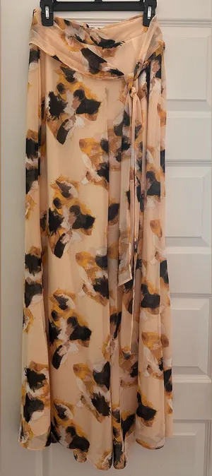 Forever 21 Light Yellow Floral Wide Leg Pants with Black and Mustard Accents thumbnail 1