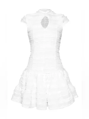 PrettyLittleThing CREAM RUFFLE DETAIL KEYHOLE CAP SLEEVE SHIFT DRESS SZ 10 thumbnail 4