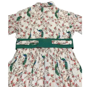 Beau & Ro Peacock Floral Block Print Cotton Midi Shirt Dress S Cream Green Boho thumbnail 5