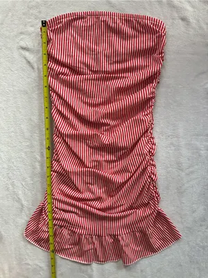 Edikted Gaia Gathered Mini Dress Red White Size XS Ruffle Hem Strapless Ruched thumbnail 4