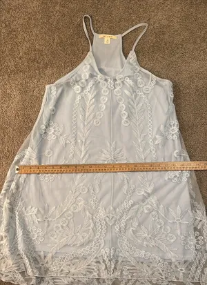 Miami| Sky blue baby doll dress w/ lace overlay. Spaghetti straps w/ razorback thumbnail 16