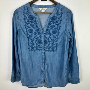 Bob Timberlake Blue Button Up Shirt Womens Medium‎ Long Sleeve Embroidered Boho thumbnail 1