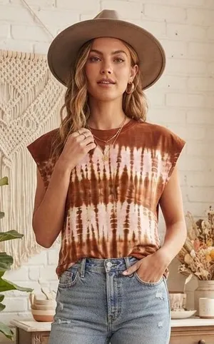 Universal Threads Brown and Pink Tie-Dye Cap Sleeve Tee thumbnail 1