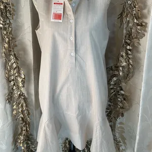 Sleeveless Beige‎ Cotton Linen Ruffle Hem Shirt Dress M NWT Pockets Chic thumbnail 3