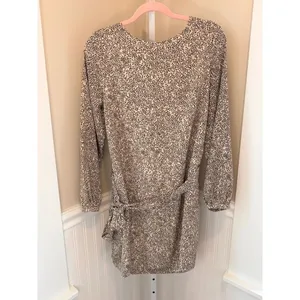 H&M Animal Print Tie Waist Long Sleeve Mini Dress Tan Black Size 10 NWT thumbnail 2