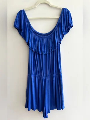 maitai Stretchy Off the Shoulder Ruffle Romper, Casual Summer,Royal Blue, Medium thumbnail 10