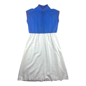 Vintage 70s Malouf Blue White Slub Texture Pleated Midi Dress Red Trim Size 14 thumbnail 2