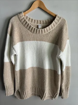 Offline by Aerie XS Chenille Sweater Beige Ivory Colorblock Oversized Cozy Knit thumbnail 1