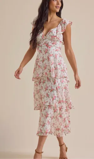 Altar'd State White Midi Dress with Pink Floral Print thumbnail 1