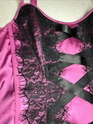 Victoria's Secret purple Pink Satin Chemise top corset Black Lace Crisscross L thumbnail 5