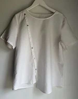 White Linen Cotton Asymmetrical Button Blouse Women's Relaxed Fit Top thumbnail 1