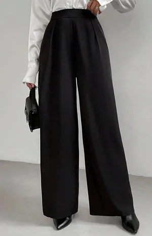 SHEIN Essnce Women's Solid Color Fold-Over Pleated Wide Leg Pants thumbnail 1