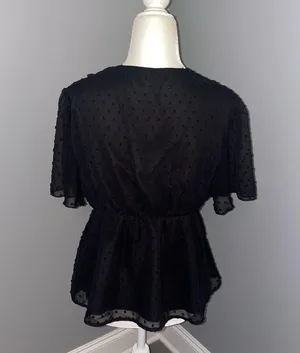 LAYNER Deep V Neck Ruffle Polka Dot Top Pom Pom Peplum Shirt Blouse size large thumbnail 4