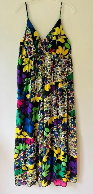 Tank Floral Maxi Dress V Neck Boho Stretch Loose Fit Fully Lined Sz M L thumbnail 1
