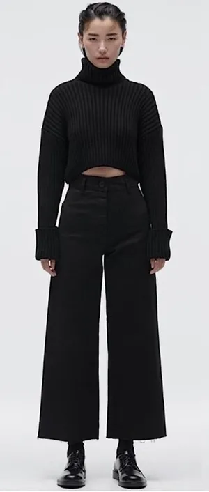 Zara Marine (Sailor) Straight Wide Leg High Waisted Raw Hem Jeans Washed Black 2 thumbnail 1