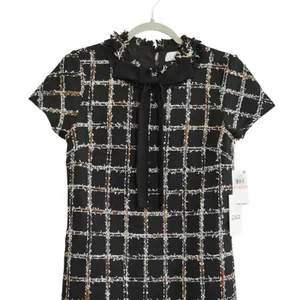 CeCe Size 2 Black Plaid Tweed Shift Dress Bow Neck Fringe NWT Career Chic‎ City thumbnail 2