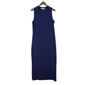 Grace Sleeveless Ribbed Striped Midi Column Dress Navy Blue Minimalist Size L thumbnail 2