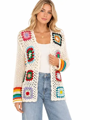 Granny Square Boho Crochet Cardigan Cream Patchwork Size L Size L thumbnail 8