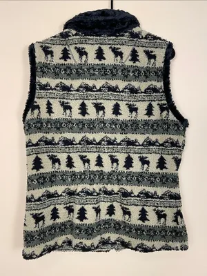 Woolrich Women’s Sherpa Faux Fur Moose Stripe Green Black Tan Zip-Up Vest thumbnail 4