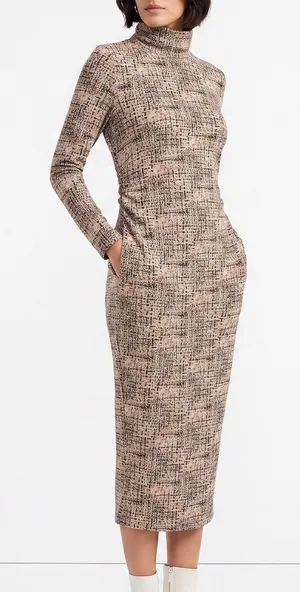 SHEIN Dress Womens 12 Mock Neck Long Sleeve Tan Black Abstract Grid Excellent thumbnail 1