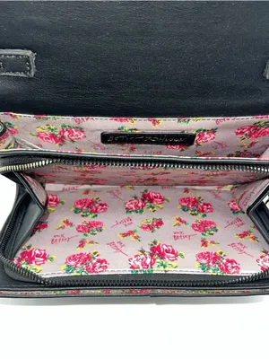 Betsey Johnson Black Vegan Leather Shoulder Bag organized Like a Wallet on Chain thumbnail 6