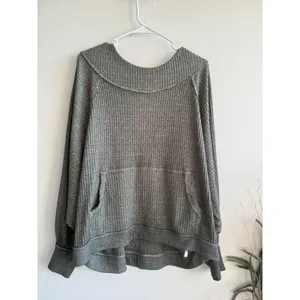 We The Free Free People Womens Large Green Waffle Knit Thermal Kangaroo Pocket thumbnail 2