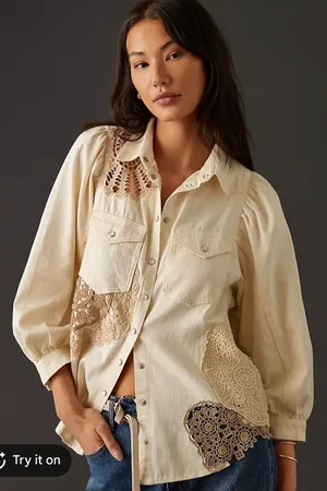 Pilcro Anthropologie XS Shirt Crochet Lace Patchwork‎ Denim Cream Puff Sleeve thumbnail 1