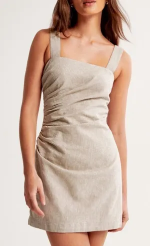 Abercrombie & Fitch Linen-Blend Ruched Square Neck Mini Dress Medium Beige NWT thumbnail 1
