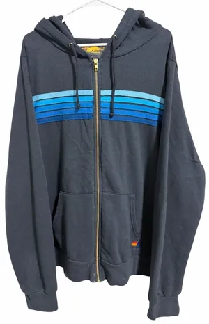 Aviator Nation 5‎ Stripe Zip Up Hoodie Charcoal/Blue Size 2XL thumbnail 1