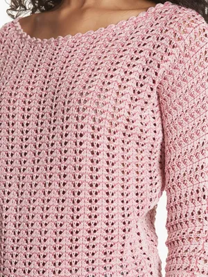 Free People Boomerang Crochet Open Knit Boatneck Sweater in Sweetpea Pink thumbnail 2